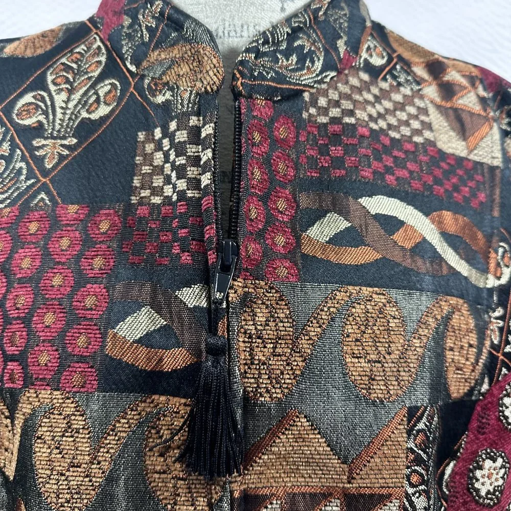 Vintage Tapestry Earth Tone Mandarin Full Zip jacket color blocked 2X - Picture 2 of 9